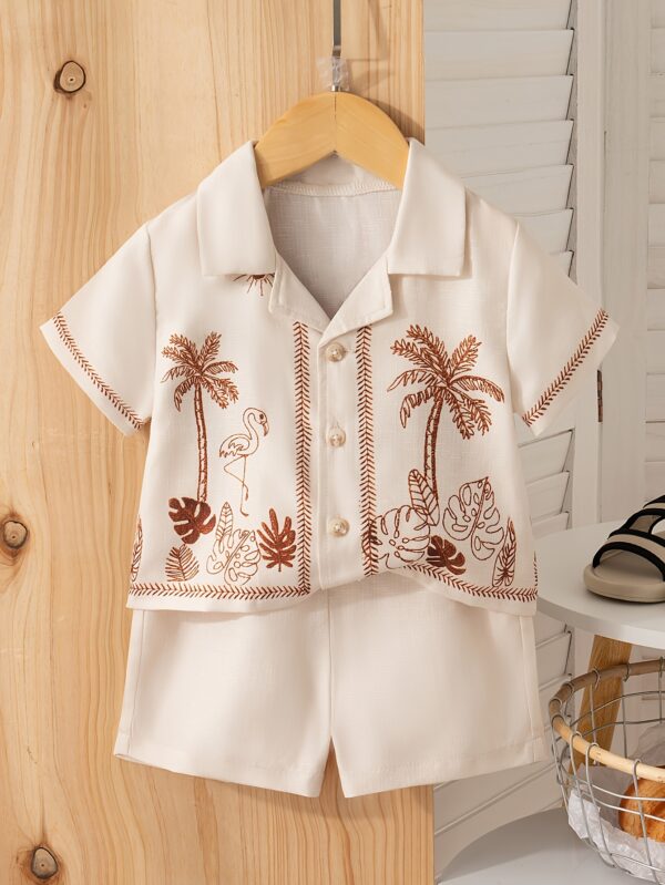 Boys' Short-Sleeved Shirt with Turned-Up Collar and Shorts Set in Vacation Style - Image 3