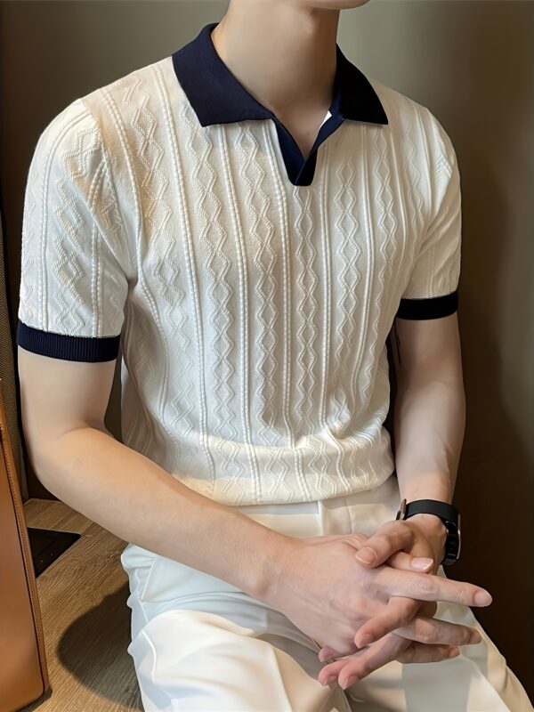 Men's Summer Slim Fit Contrast Collar Short Sleeve Knit Sweater - Lightweight Breathable Casual Pullover, Machine Washable for Office & Social Events, Cute Sweaters, Event Pullover, Medium Stretch Fabric - Image 5