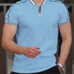 Men'S Casual Short Sleeve Polo Shirt - Beige with Black Side Stripes, Comfortable Breathable Fabric, Mandarin Collar, Zipper Detail, Perfect for Sports, Outdoor Activities & Casual Wear, Sports Casual Wear | Minimalist Design | Comfortable Fit - Image 6