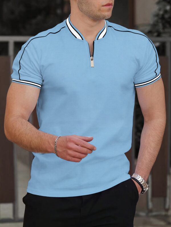 Men'S Casual Short Sleeve Polo Shirt - Beige with Black Side Stripes, Comfortable Breathable Fabric, Mandarin Collar, Zipper Detail, Perfect for Sports, Outdoor Activities & Casual Wear, Sports Casual Wear | Minimalist Design | Comfortable Fit - Image 6