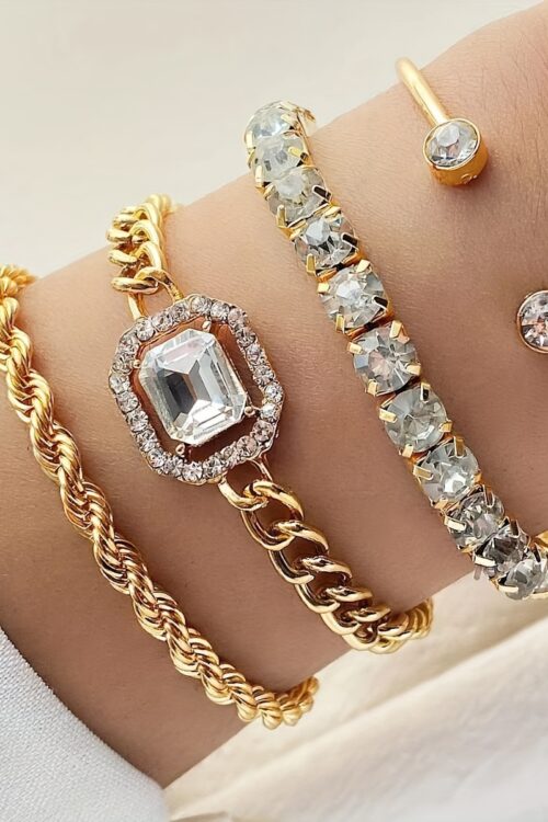 4pcs Women’s Personality Exaggerated Punk Style Twist Chain Bracelet Set with Rhinestones