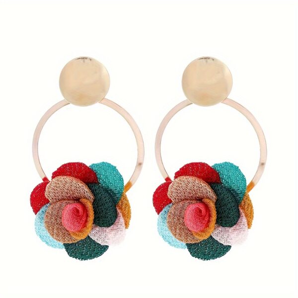 Elegant Boho-Chic Handcrafted Fabric Flower Dangle Earrings - Mixed Colors, Iron Crafted for Everyday & Wedding Wear - Image 3