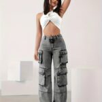 Women's High-Waisted Cargo Denim Jeans - Loose Fit, Stretch Blend, Utility Pockets, Light Wash, Comfortable & Stylish for Casual Attire - Image 3