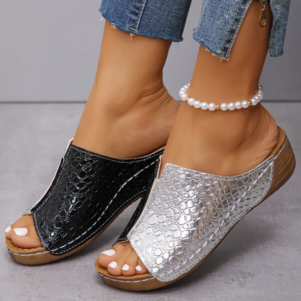 Women's Two Tone Wedge Slide Sandals, Crocodile Pattern Peep Toe Slip On Shoes, Comfy Soft Sole Slide Shoes - Image 10