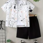 Summer Set for Boys with Splashed Ink Printed Short Sleeve Shirt + Plain Color Shorts