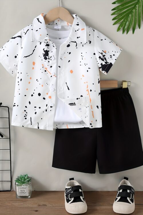 Summer Set for Boys with Splashed Ink Printed Short Sleeve Shirt + Plain Color Shorts
