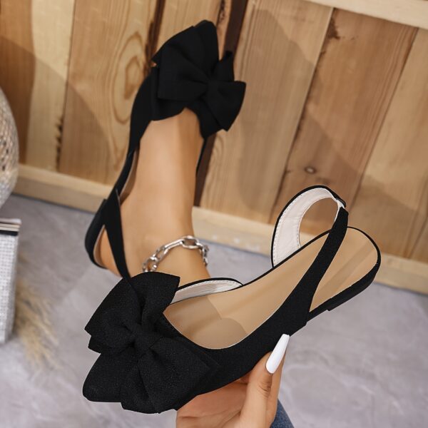 Women's Fashion Bow-Adorned Pointed Toe Slip-On Sandals with Adjustable Ankle Strap - Black Fabric Upper, Flat Comfortable Heel & Rubber Sole for Casual/Formal Occasions - Image 2