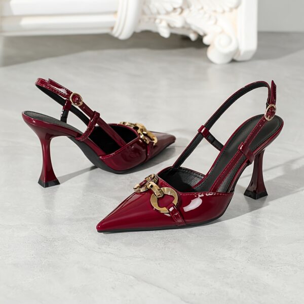 Pair of elegant pointed-toe high-heeled sandals with sleek silhouette, adorned with metal buckle straps for added sophistication and elegance. The slim heel design effortlessly elevates your presence, allowing you to confidently strut your unique charm whether in the workplace or at dinner - Image 12