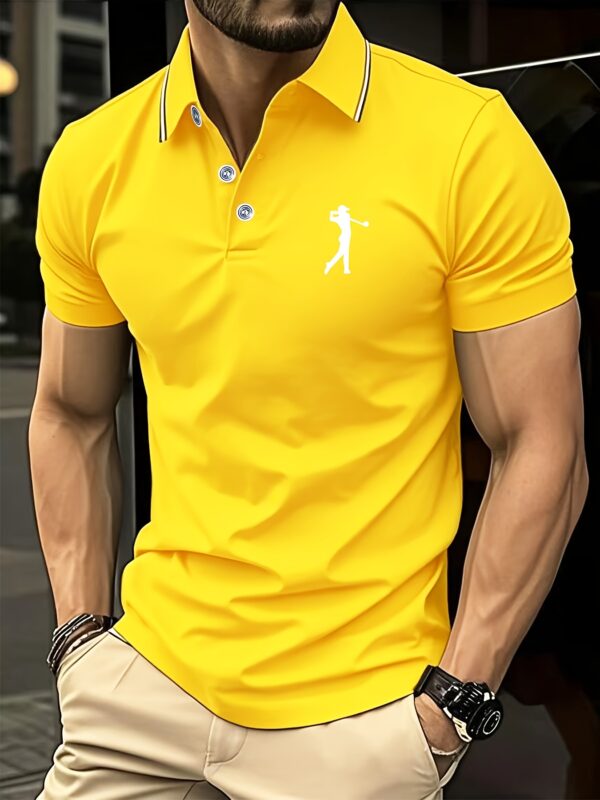 Men's Short Sleeve Shirt - White with Red Golf Print, Striped Collar & Cuffs, Breathable Summer Golf & Casual Wear, Machine Washable Regular Fit, Durable Fabric - Image 2