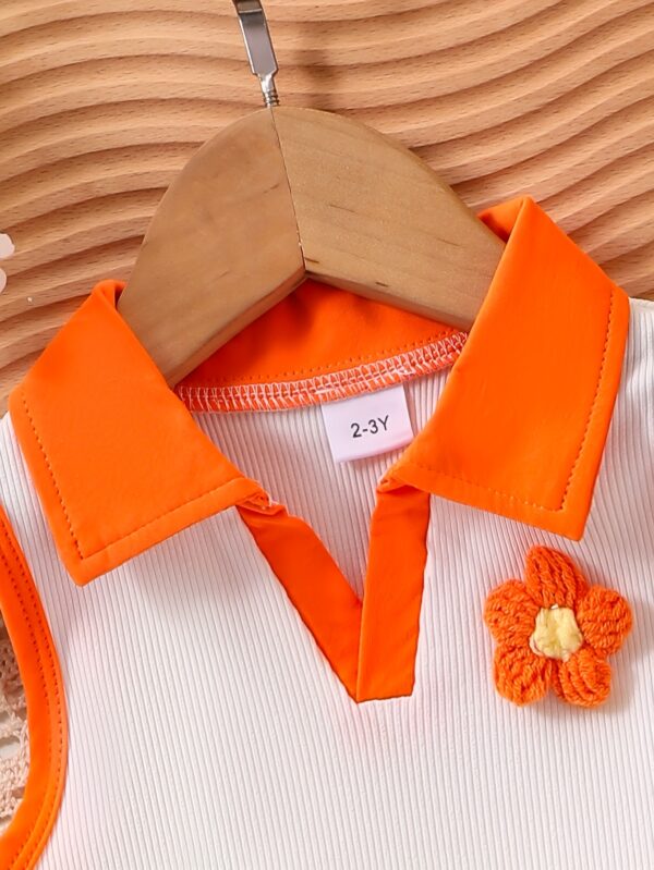 New Girls' Floral Orange And White Top with Denim Shorts Set, for Outdoor - Image 4