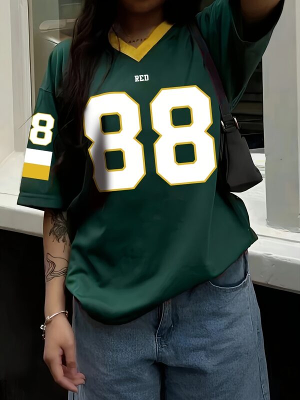 Women'S V-Neck Short-Sleeve T-Shirt with Letter And Number Print in a Color-Block Design