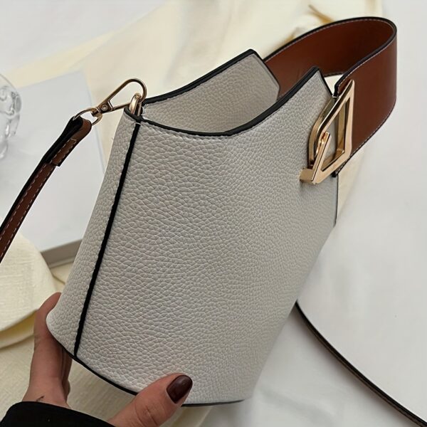 French-Inspired Elegant Women's Bucket Bag with Adjustable Thin Shoulder Strap, Large Capacity & Golden-Tone Lock Closure - Beige All-Purpose Commuter Handbag for Work, Travel, Daily Use, Crossbody Purse, Travel Handbag, Sophisticated Fashion, Textured Finish - Image 2