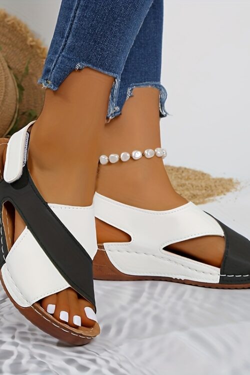 Women’s Two-Tone Wedge Sandals – Open Toe, Chunky Heel, Faux Cover with Metallic Buckle Strap, Perfect for Beach, Party & Casual Outings, Beachwear Shoes | Durable Tpr Sole, Ladies Sandals