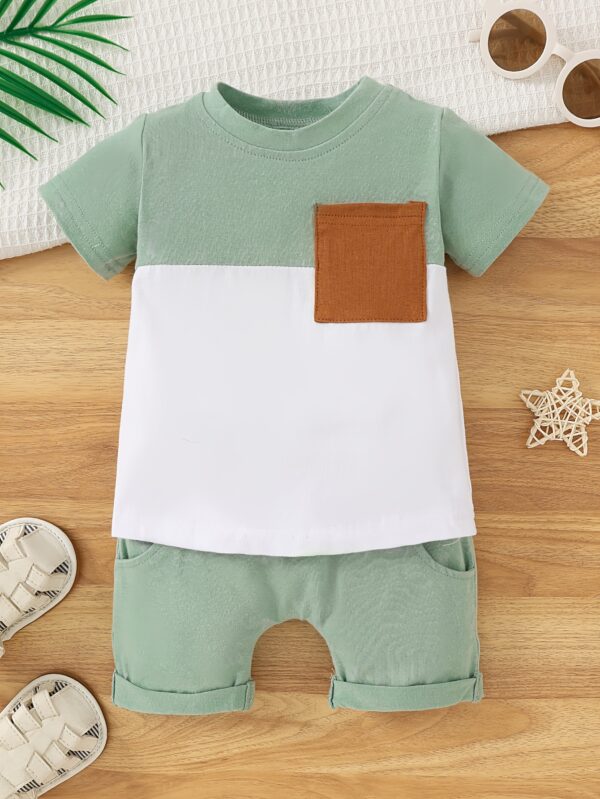 Two-Piece Set for Baby Boys Featuring a Short-Sleeve T-Shirt with a Front Pocket And Solid Color Shorts, for Outdoor - Image 5