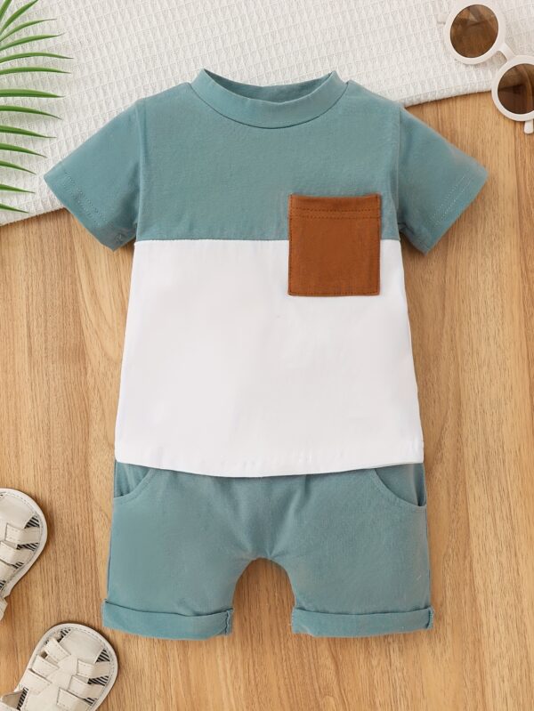 Two-Piece Set for Baby Boys Featuring a Short-Sleeve T-Shirt with a Front Pocket And Solid Color Shorts, for Outdoor - Image 6