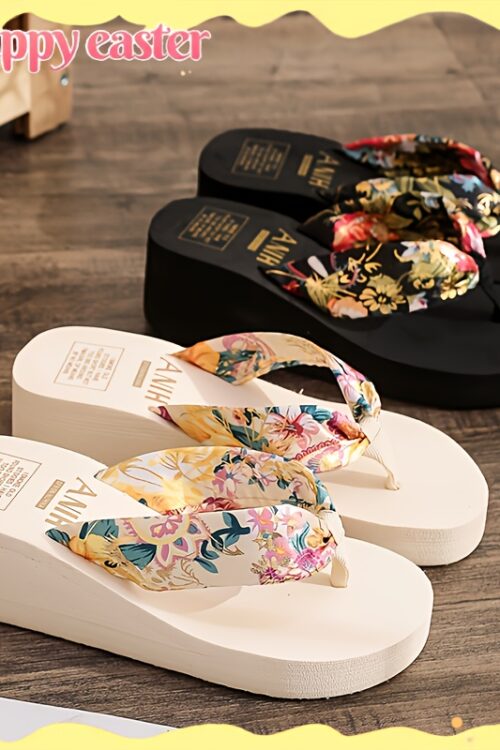 Elegant Bohemian Floral Women’S Flip Flops with Open Toe, Breathable Fabric Strap, Cushioned EVA Sole, Black and White Summer Beach Sandals for Vacation