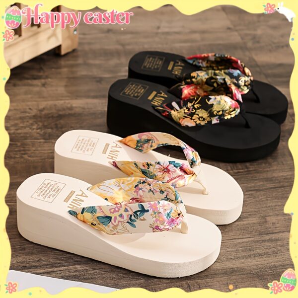 Elegant Bohemian Floral Women'S Flip Flops with Open Toe, Breathable Fabric Strap, Cushioned EVA Sole, Black and White Summer Beach Sandals for Vacation