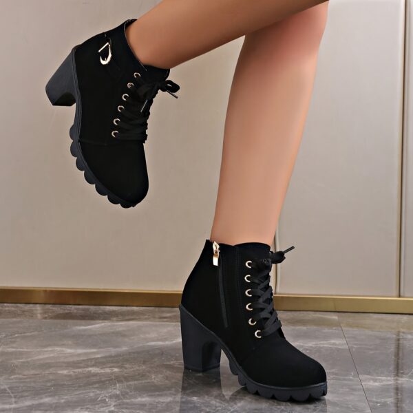 Women's Chunky Heel Short Boots, Fashion Lace Up Side Zipper Boots, Comfortable Ankle Boots - Image 10