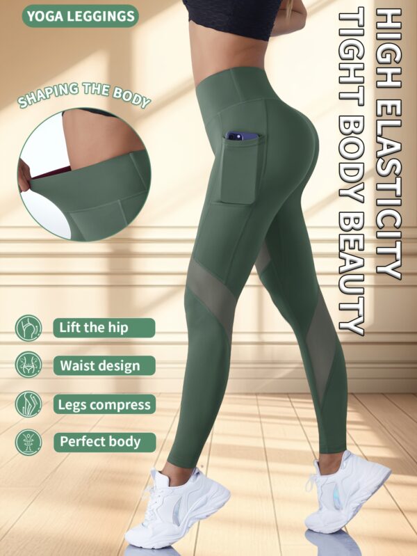 Yoga Tights with Abdominal Reduction and Contrast Color Mesh Fitness Gym Tights with Side Phone Pockets Yoga Leggings - Image 4