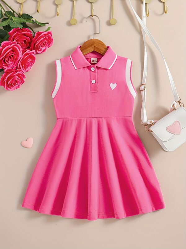 Chic Summer Girls' Dress - Sleeveless with Collar, Heart Print & Knee-Length Casual Outfit - Image 2