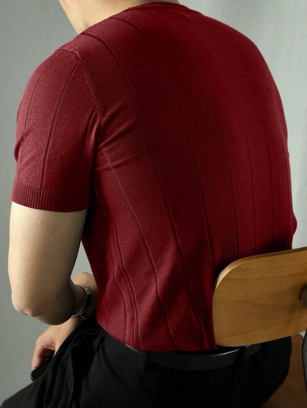 2024 New Men's Short Sleeve Knit Sweater - Breathable Stretch Fabric, Solid Red Round Neck Casual Pullover for Summer Outdoor & Daily Wear, Leisure Clothing, Mature Style Top, Comfortable Fit - Image 4