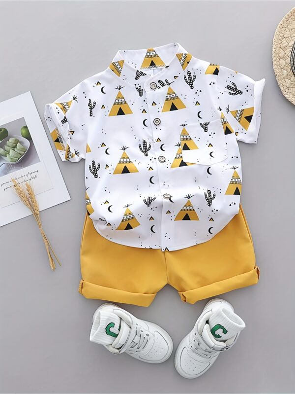 Men'S Infant Summer Graphic Tee and Shorts Set - Casual, Non-Stretch, Short Sleeve Shirt with Pyramid and Cactus Print, Light Blue Shorts, White Sneakers, Casual Summer Outfit for Little Boys, Casual Summer Outfit|Playful Print Design|Comfortable Fit, Baby Clothes, for Outdoor - Image 2