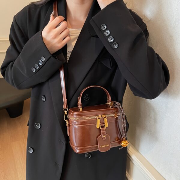 Elegant Retro Women's Crossbody Bag with Bell Pendant – Stylish Brown Handbag with Adjustable Strap, Zipper Closure, and Golden-Tone Hardware for Work, Date, Shop, and Party - Image 13
