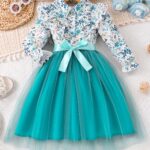Elegant Floral Print Long Sleeve Dress with Belt - Mint Green Turned-Collar, Tulle Skirt, Perfect for Fall/Winter, Toddler Fashion, Toddler Fashion Outfit | Floral Print Dress | Glossy Fabric, Floral Print Blouse