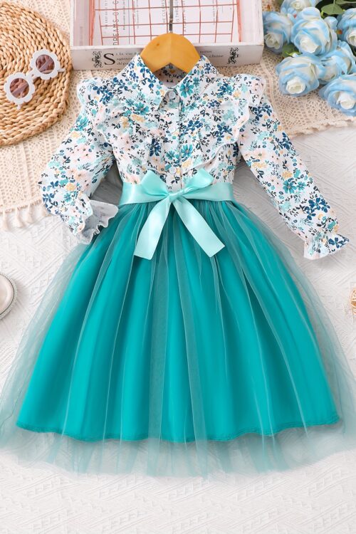 Elegant Floral Print Long Sleeve Dress with Belt – Mint Green Turned-Collar, Tulle Skirt, Perfect for Fall/Winter, Toddler Fashion, Toddler Fashion Outfit | Floral Print Dress | Glossy Fabric, Floral Print Blouse