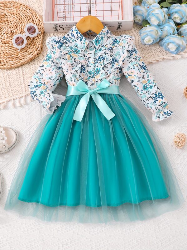 Elegant Floral Print Long Sleeve Dress with Belt - Mint Green Turned-Collar, Tulle Skirt, Perfect for Fall/Winter, Toddler Fashion, Toddler Fashion Outfit | Floral Print Dress | Glossy Fabric, Floral Print Blouse