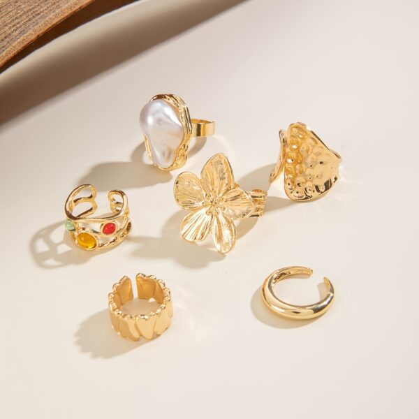 6pcs set of fashionable and flower-set Rhinestone rings, metal geometric irregular opening ring sets suitable for parties and gifts for friends - Image 3