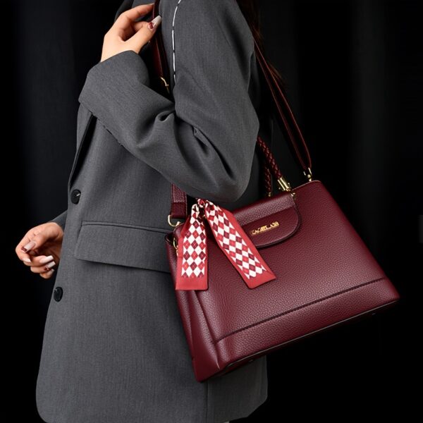 Elegant Women's Shoulder letter Bag - Chic Solid Color, Large Capacity with Scarf Accent, Adjustable Strap, Secure Zip Closure - Image 6