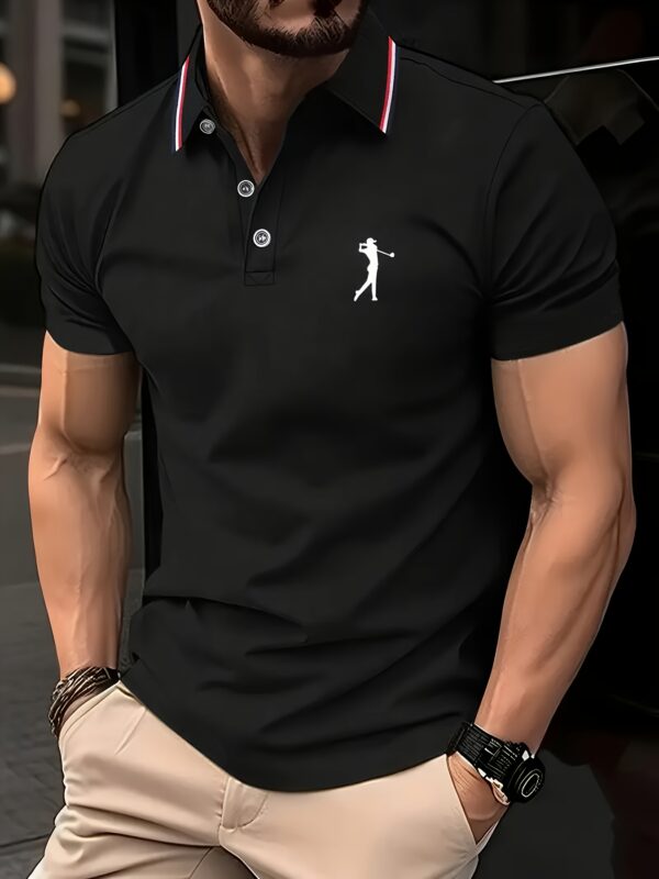 Men's Short Sleeve Shirt - White with Red Golf Print, Striped Collar & Cuffs, Breathable Summer Golf & Casual Wear, Machine Washable Regular Fit, Durable Fabric - Image 9
