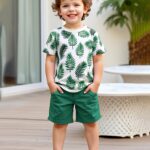 2pcs set of boys' clothing, summer short-sleeved round-neck T-shirt with leaf print and boy's fashionable shorts for summer outings, Perfect for Outdoor