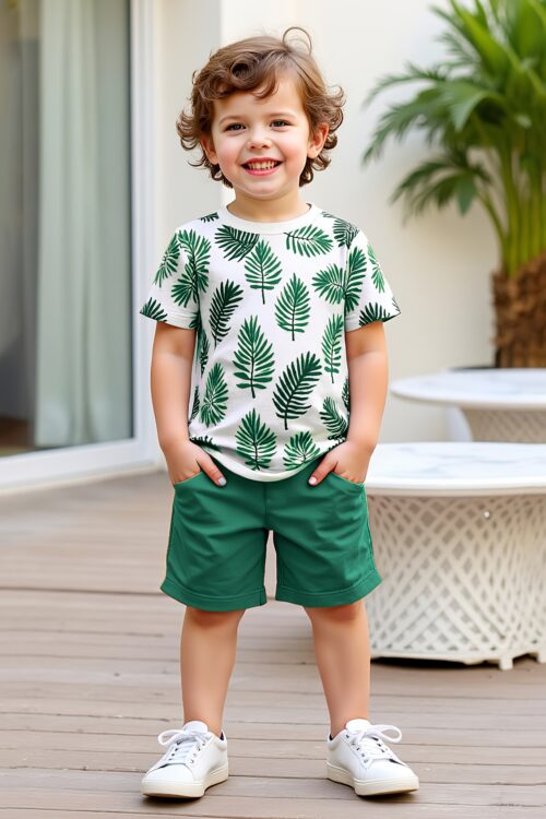 2pcs set of boys’ clothing, summer short-sleeved round-neck T-shirt with leaf print and boy’s fashionable shorts for summer outings, Perfect for Outdoor