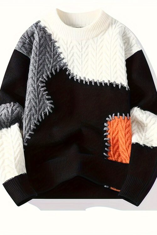 Men’s Color-Block Cable Knit Sweater – Soft Warm All-Season Casual Pullover with Contrast Design, Machine Washable Regular Fit Round Neck Long Sleeve, Knitted Sweater, Durable Comfort Wear