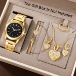 6pcs Elegant Women's Quartz Watch Set with Heart-Shaped Jewelry, Perfect Gift for Ladies, Non-Adjustable Alloy Strap, Classic Bar Markers Round Dial, Ideal Gift for Sisters and Mothers, Suitable for Ramadan or Casual Attire, No Packaging Box Included, Middle East Special Edition - Image 2