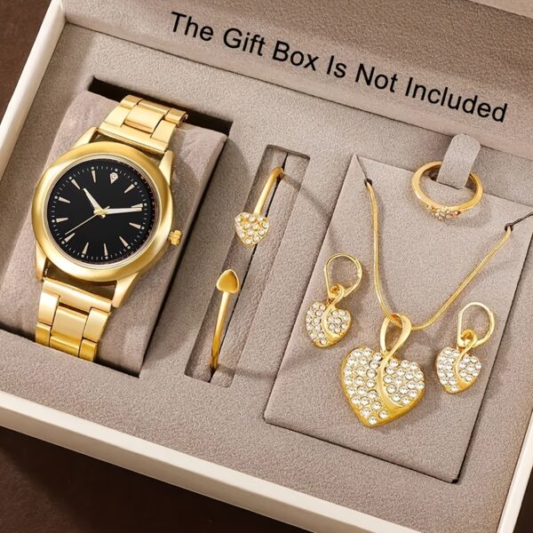 6pcs Elegant Women's Quartz Watch Set with Heart-Shaped Jewelry, Perfect Gift for Ladies, Non-Adjustable Alloy Strap, Classic Bar Markers Round Dial, Ideal Gift for Sisters and Mothers, Suitable for Ramadan or Casual Attire, No Packaging Box Included, Middle East Special Edition - Image 2