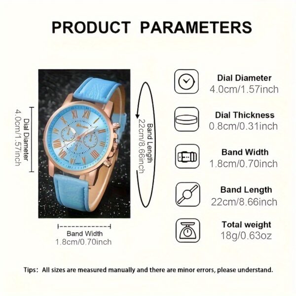 1pc Set of Fashionable Women'S Sky Blue Roman Quartz UP Faux Leather Watch And 5pcs of Heart Sky Blue Accessories Set. Eid, Valentine'S Day, Easter Gift for Mom - Image 6