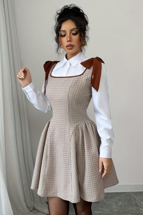Elegant Women’S Plaid A-Line Dress, Square Neck, Fitted, Lace Up, Woven Polyester, 230g/m², with Cat Ear Design, for Adult, Summer