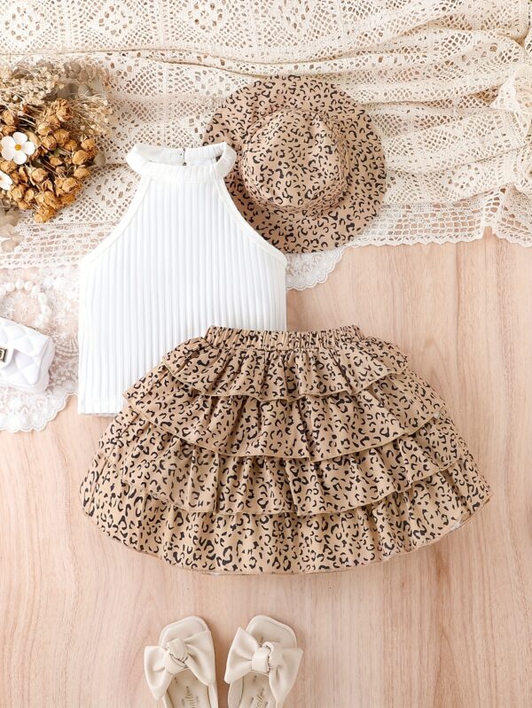 Girls' 3pcs Vintage Leopard Print Outfit Set - Sleeveless Cotton Blend Bandeau Top, Tiered Skirt, and Matching Hat - Casual Summer Wear for Kids with Frill Details - Image 7