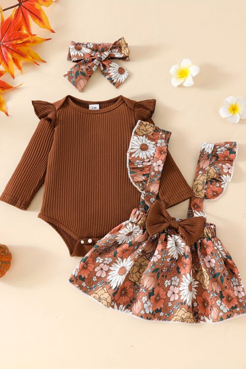 2pcs Cute Little Girl Flower Print Long Sleeve Flying Sleeve Ha Ha Shirt 0 Months-24 Months Baby Dark Buckle Collar Triangle Climbing Suit Spring and Autumn Clothes + Fashion Baby Carrier Skirt Long Does Not Include Shoulder Strap and Bow Headband, Perfect for Outdoor