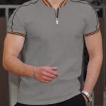 Men'S Casual Short Sleeve Polo Shirt - Beige with Black Side Stripes, Comfortable Breathable Fabric, Mandarin Collar, Zipper Detail, Perfect for Sports, Outdoor Activities & Casual Wear, Sports Casual Wear | Minimalist Design | Comfortable Fit - Image 2