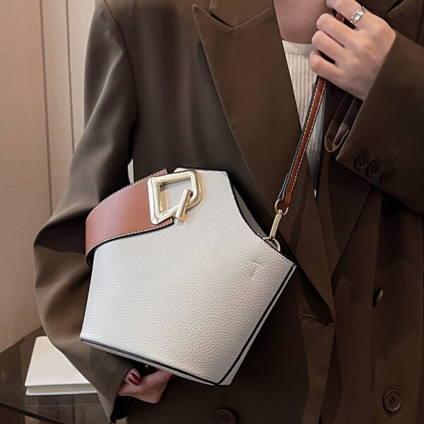 French-Inspired Elegant Women's Bucket Bag with Adjustable Thin Shoulder Strap, Large Capacity & Golden-Tone Lock Closure - Beige All-Purpose Commuter Handbag for Work, Travel, Daily Use, Crossbody Purse, Travel Handbag, Sophisticated Fashion, Textured Finish - Image 8