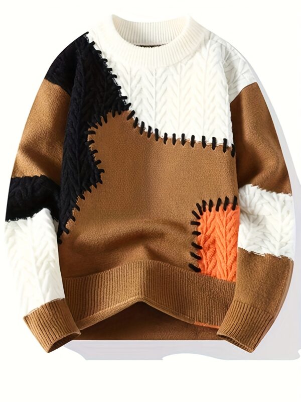 Men's Color-Block Cable Knit Sweater - Soft Warm All-Season Casual Pullover with Contrast Design, Machine Washable Regular Fit Round Neck Long Sleeve, Knitted Sweater, Durable Comfort Wear - Image 3