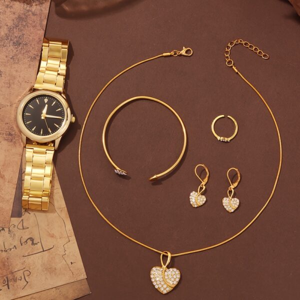6pcs Elegant Women's Quartz Watch Set with Heart-Shaped Jewelry, Perfect Gift for Ladies, Non-Adjustable Alloy Strap, Classic Bar Markers Round Dial, Ideal Gift for Sisters and Mothers, Suitable for Ramadan or Casual Attire, No Packaging Box Included, Middle East Special Edition - Image 16