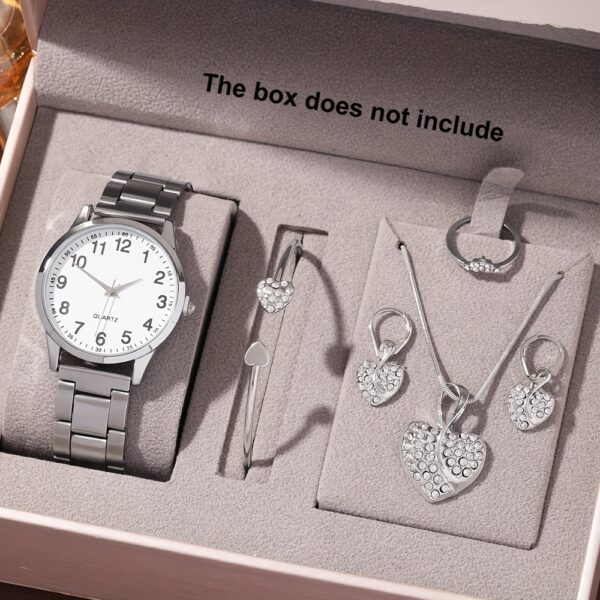 6pcs Elegant Women's Quartz Watch Set with Heart-Shaped Jewelry, Perfect Gift for Ladies, Non-Adjustable Alloy Strap, Classic Bar Markers Round Dial, Ideal Gift for Sisters and Mothers, Suitable for Ramadan or Casual Attire, No Packaging Box Included, Middle East Special Edition - Image 7