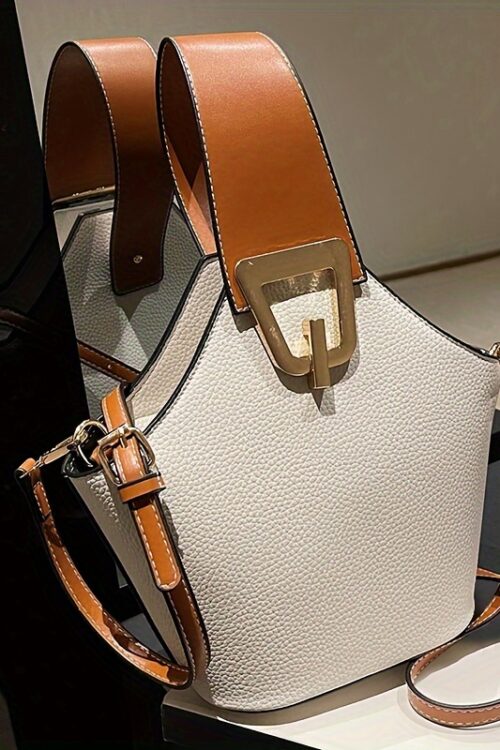 French-Inspired Elegant Women’s Bucket Bag with Adjustable Thin Shoulder Strap, Large Capacity & Golden-Tone Lock Closure – Beige All-Purpose Commuter Handbag for Work, Travel, Daily Use, Crossbody Purse, Travel Handbag, Sophisticated Fashion, Textured Finish