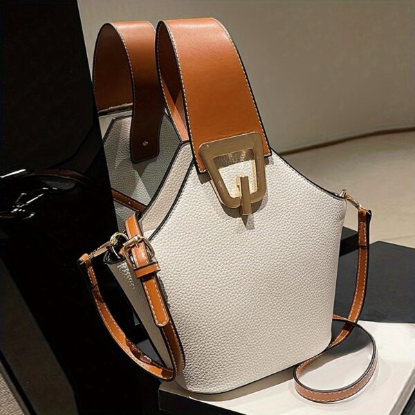 French-Inspired Elegant Women's Bucket Bag with Adjustable Thin Shoulder Strap, Large Capacity & Golden-Tone Lock Closure - Beige All-Purpose Commuter Handbag for Work, Travel, Daily Use, Crossbody Purse, Travel Handbag, Sophisticated Fashion, Textured Finish