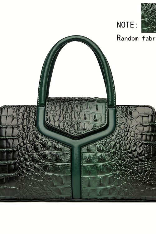 Elegant Women’s Crocodile-Embossed Handbag – Chic European & American Style, Versatile Crossbody & Shoulder Bag in Black with Green Accents, Durable PU Material with Polyester Lining, Zip Closure